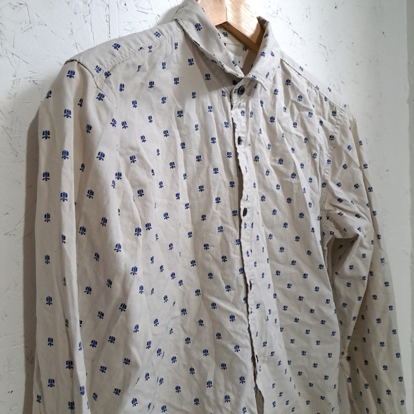 Calvin Klein | Beige & blue patterned men's button up dress shirt slim fit - Picture 2 of 9